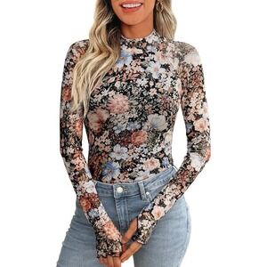 Dealmore Womens Floral Mesh Top Size S Multicolor Lettuce Trim Thumbhole Cuffs